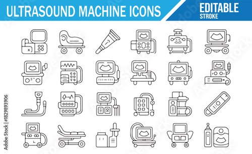 Ultrasound machine and medical diagnostic outline icon set with scanner, monitor, probe, hospital equipment and radiology symbols for healthcare, clinic, pregnancy and medical imaging design