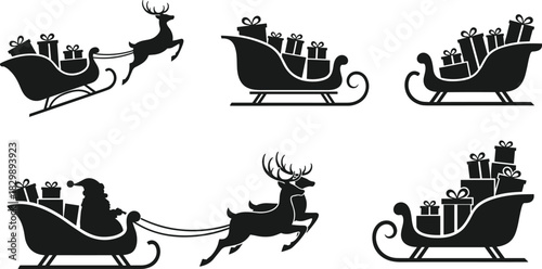 Black Christmas sleigh icons with reindeer and gifts, Santa Claus silhouette delivering presents, festive winter holiday vector illustration set