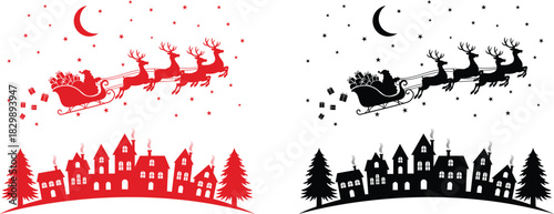 Santa and Reindeer Sleigh Flying Over Town Silhouette: Christmas Night, Holiday Village Vector Set