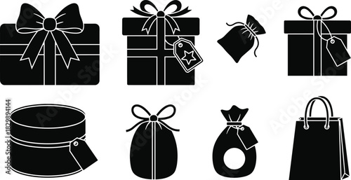 Black gift box and bag icons with ribbons and tags, festive holiday packaging collection, minimalist Christmas vector design set