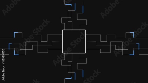 Central Chip With White Outline Circuit Lines In Abstract Digital Design.