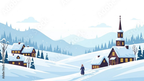 Serene winter village illustration with snow-covered houses and church, person walking through tranquil landscape, evoking peaceful holiday mood and seasonal charm