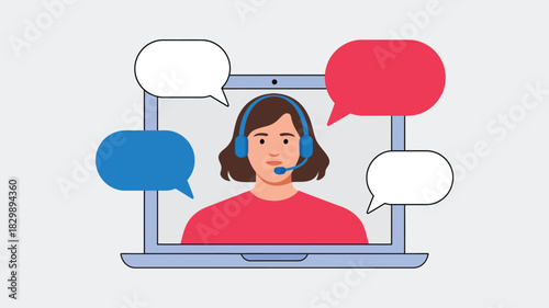  A modern flat-style illustration of an online customer support agent appearing on a laptop screen with multiple chat bubbles, representing virtual assistance, communication, remote service, and digit