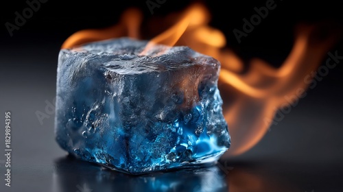 Paradox of Opposites: A Blue Ice Cube with Flames Engulfing it in a Dynamic Image