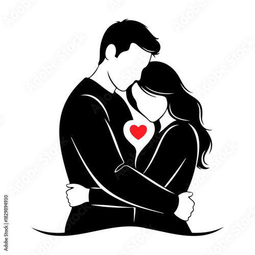 Silhouette of a couple embracing with a red heart between them design