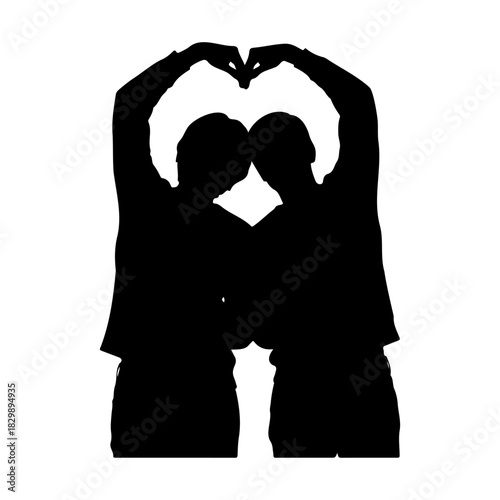 Silhouette of two people making a heart shape with their hands above head
