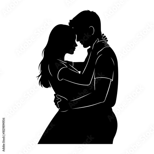 Silhouette of a couple embracing tenderly in a close romantic embrace