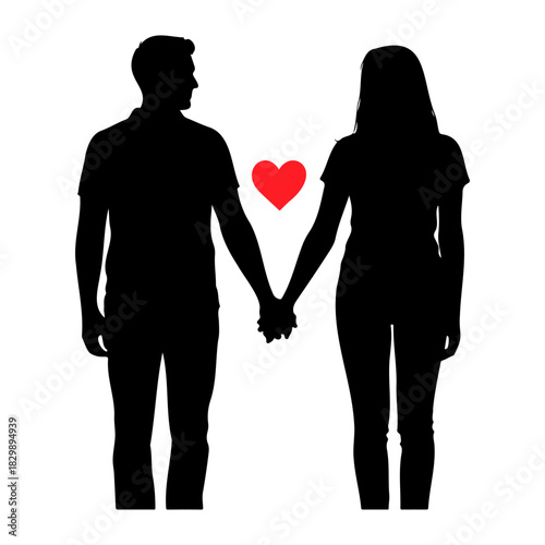 Silhouette of couple holding hands with red heart between them on white