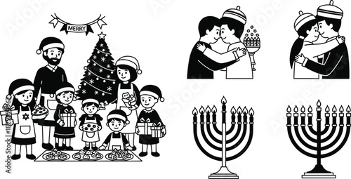 Christmas and Hanukkah family celebration illustration, people exchanging gifts, menorah candle lighting, multicultural winter holiday festive black and white design