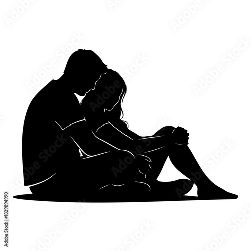 Silhouette of a couple sitting together in an embrace on a white background