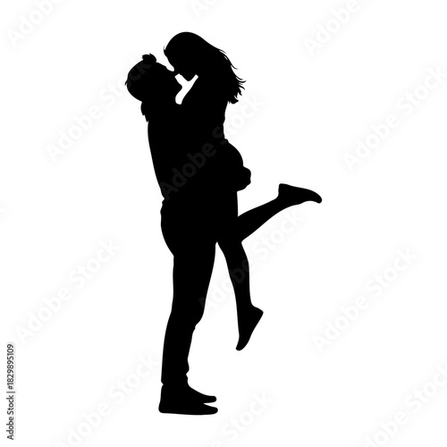 Silhouette of a man lifting a woman with one leg up in a romantic pose