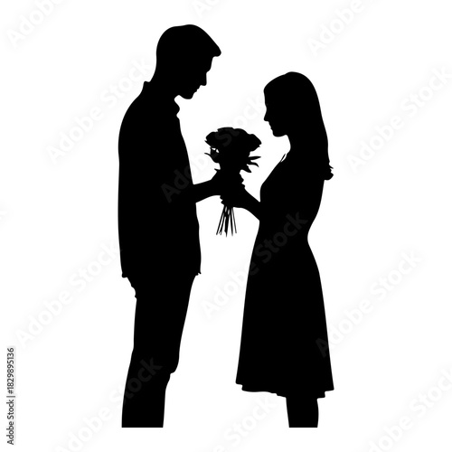 Silhouette of a man giving a bouquet of flowers to a woman in a dress
