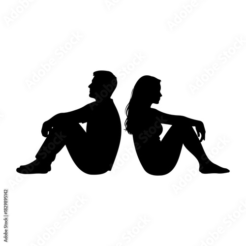 Silhouette of man and woman sitting back to back on a white background