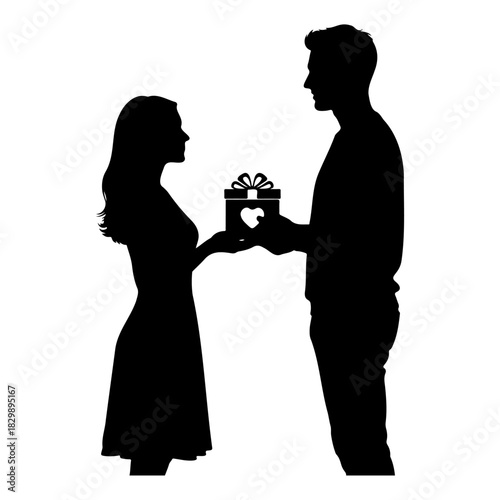 Silhouette of man giving gift to woman with heart on present box design