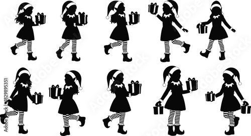 Christmas elf girl silhouette collection holding gifts, festive holiday walking poses, black vector illustration set for winter decoration and design