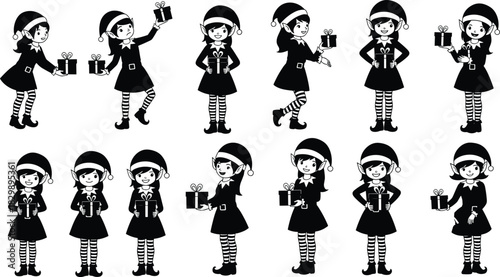 Christmas elf girl vector collection, cute female Santa helper holding gift boxes, festive black and white holiday illustration design bundle