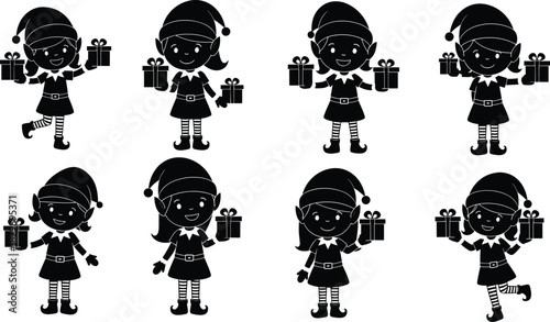 Christmas elf silhouettes, gift box icons, festive holiday characters, black and white vector set, seasonal graphic illustration