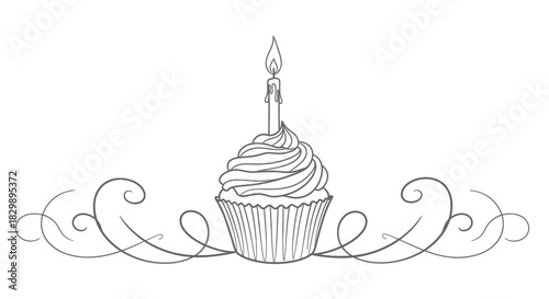 Elegant line art illustration of a cupcake with a single lit candle and decorative swirling