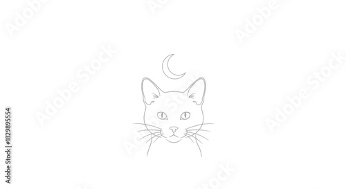 Minimalist Line Drawing of a Cat's Face with a Crescent Moon Above its Head conveying serene
