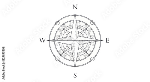 Intricate line art compass rose with detailed cardinal directions and decorative elements suitable