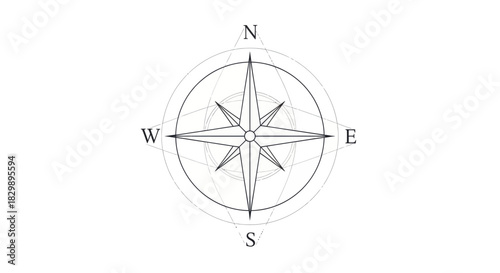 Detailed technical drawing of a classic compass rose symbol with precise lines and directional