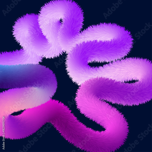 Abstract fluffy neon purple worm shape on dark background