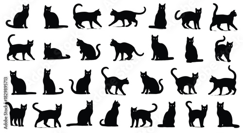 Black cat silhouettes collection in various poses, walking, sitting, and lying down, domestic feline vector set, isolated.