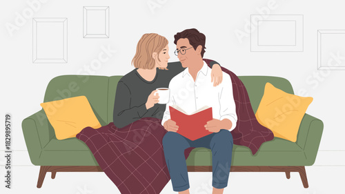  A warm flat-style illustration of a loving couple sitting together on a cozy sofa, sharing a blanket while reading and drinking coffee, symbolizing comfort, affection, bonding, and peaceful home life