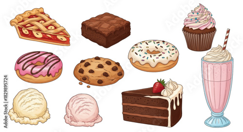 A delicious collection of sweet treats and desserts, including ice cream, cake, cookies, donuts, and pies