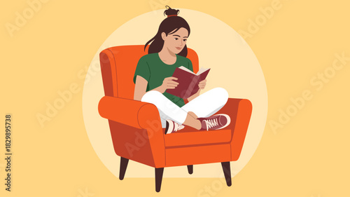  A cozy flat-style illustration of a young woman sitting comfortably on an armchair, deeply engaged in reading a book, representing relaxation, learning, mindfulness, and peaceful indoor lifestyle.