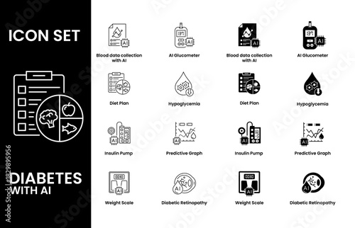 AI-Driven Diabetes Management Icons, Glucometer, Insulin Pump & Health Monitoring Icons for Data Tracking. Vector icon set