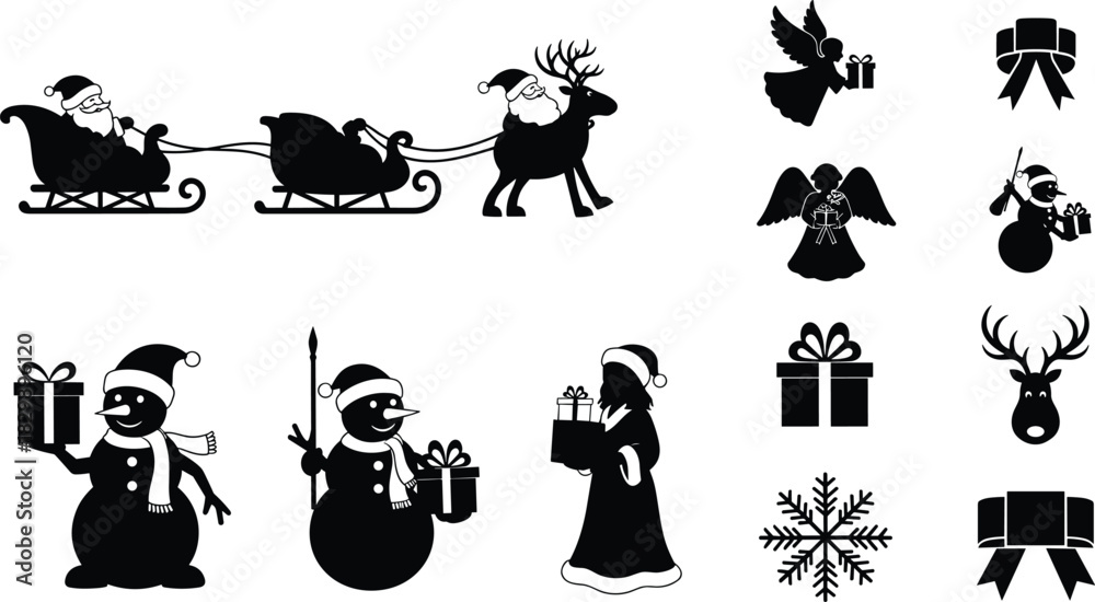 Fototapeta premium Christmas silhouettes, Santa sleigh, reindeer, snowman, angel gift, festive icons, holiday vector, black illustration, winter design, celebration elements