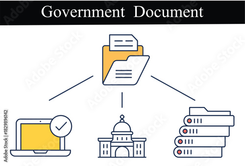 government documents workflow depicted with icons, illustrating step-by-step procedures, authorization symbols, compliance markers, filing visuals, and efficient document management elements suitable 