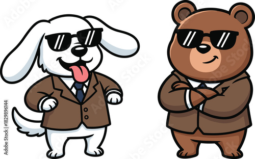 Cool cartoon dog and bear mascot characters wearing sunglasses and business suits standing isolated on white background vector illustration