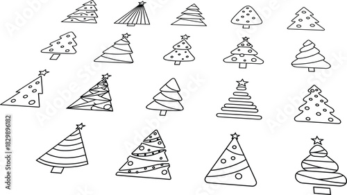 Christmas tree outline collection, festive pine and fir tree icon set with stars, minimalist black and white holiday illustration design