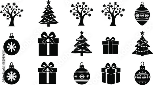 Christmas tree icons, gift boxes, festive ornaments, black and white vector set, holiday decorations, seasonal symbols, graphic illustration