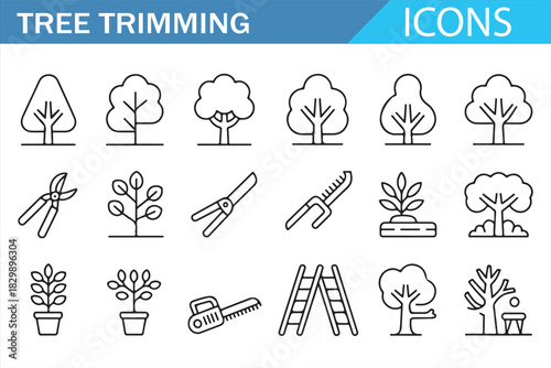 Outdoor gardening tools and tree trimming linear icons