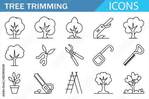 Tree care, pruning and horticulture outline icon collection