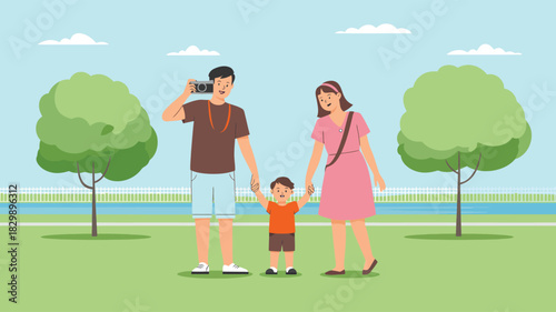  Happy family with mother, father and child enjoying a walk together in a green park, holding hands, relaxing outdoors with trees, blue sky and peaceful nature landscape illustration