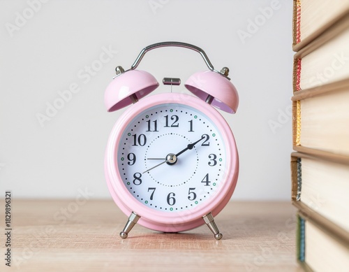 Pink Alarm Clock Beside Books on a Wooden Table - Time Management and Punctuality