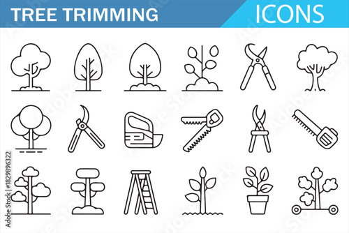 Arborist and tree maintenance outline icon set with cutting equipment