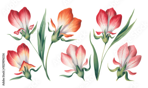 Soft watercolor sweet pea blossoms in gentle pastel tones. Botanical sweet pea flowers isolated on white background.