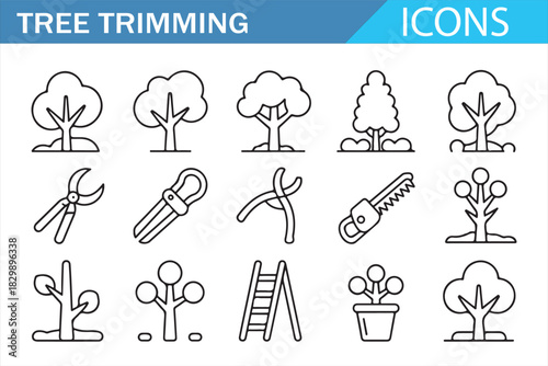 Tree trimming and gardening outline icon set with pruning tools, plants, shrubs and landscaping equipment symbols for garden care, arborist service, agriculture and outdoor maintenance