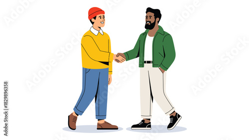  Two young men shaking hands in a friendly greeting, symbolizing agreement, partnership, communication, cooperation and positive interaction in a modern casual illustration