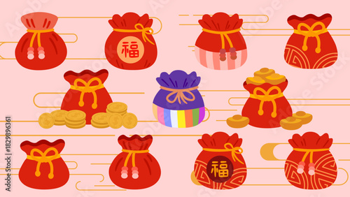 Cartoon Style Lunar New Year Lucky Bag set collection, the Chinese word means "fortune"
