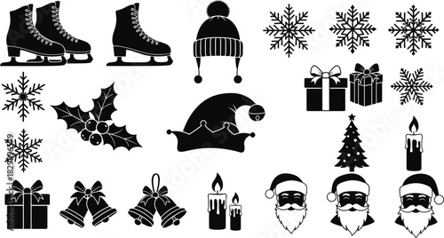 Christmas winter icon set with Santa faces, snowflakes, gifts, bells, candles, hat, tree, and ice skates illustration