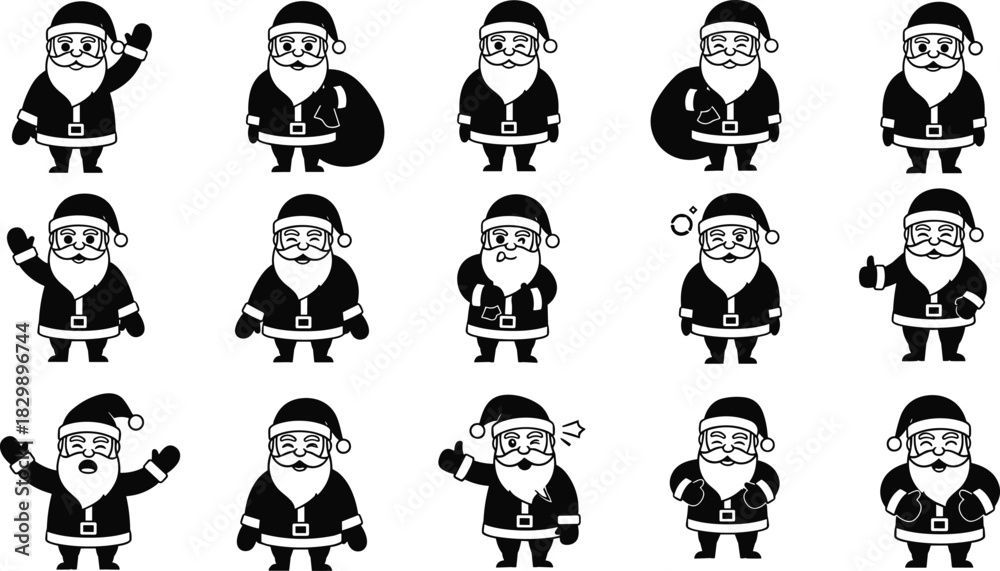 Obraz premium Cute Santa Claus icons with various poses and expressions, black festive Christmas character collection, holiday vector illustration set