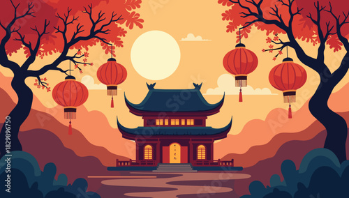 Pagoda with lanterns lunar new year small temple with red lanterns among blooming trees concept of cultural celebration