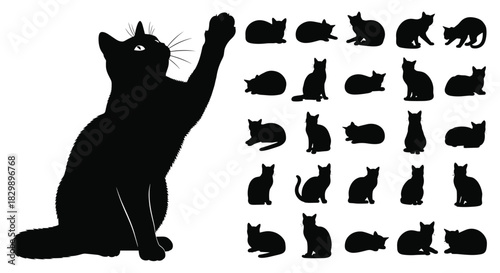 Collection of black cat silhouettes in various sitting, lying, and stretching poses, with one large cat raising its paw, isolated vector icons on white.