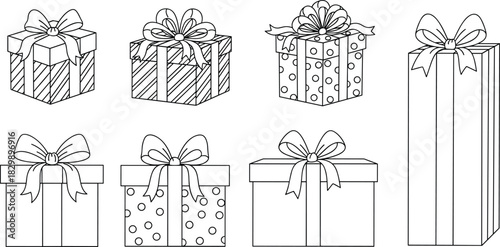 Gift box illustration collection with ribbons and bows, wrapped presents in various shapes, festive holiday, birthday, and celebration design